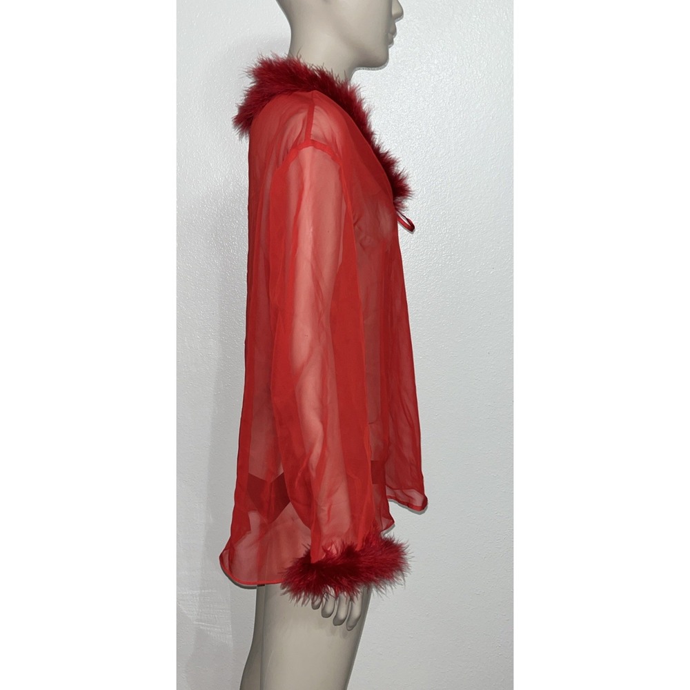 Vtg Cinema Etoile Red Sheer Mesh Boudoir Bed Jacket Faux Fur Trim Coquette Sz M - Picture 2 of 10